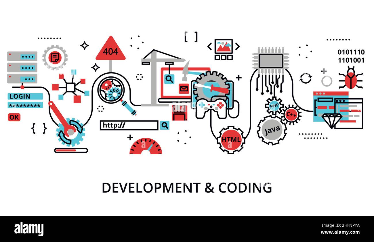 Illustrazione vettoriale di progettazione lineare moderna e modificabile, concetto di programmazione, software di sviluppo e processo di codifica, per grafica e web design Illustrazione Vettoriale