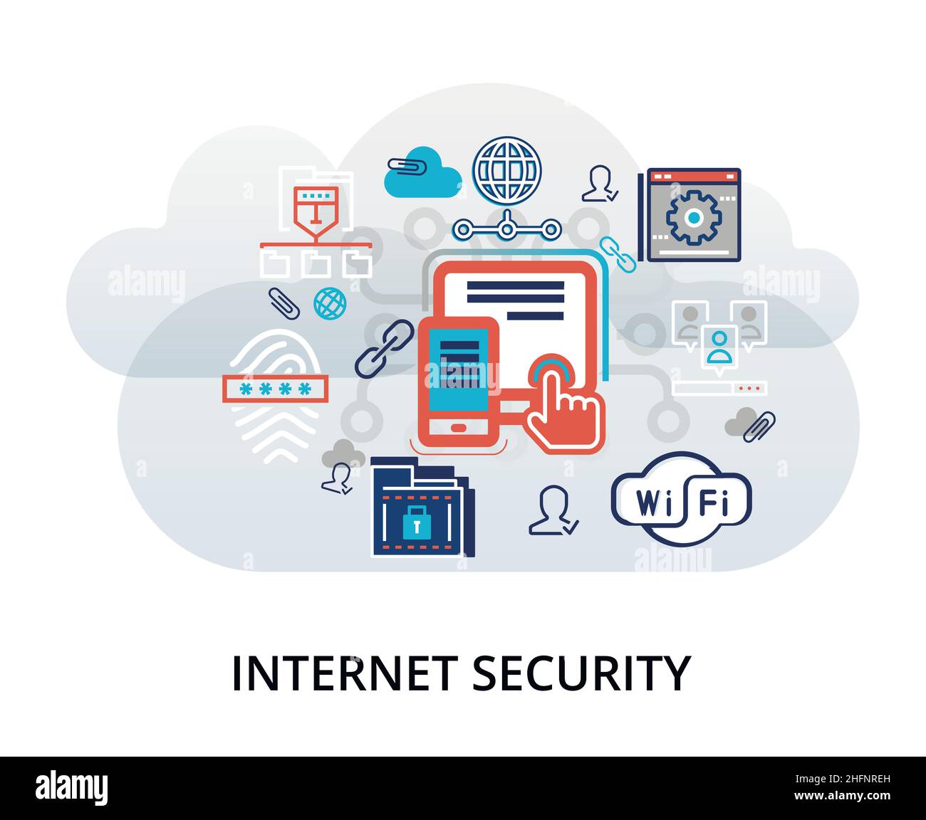 Moderno disegno piatto sottile illustrazione vettoriale, concetto infografico di sicurezza di Internet, protezione di rete e pagamenti online sicuri per la grafica Illustrazione Vettoriale