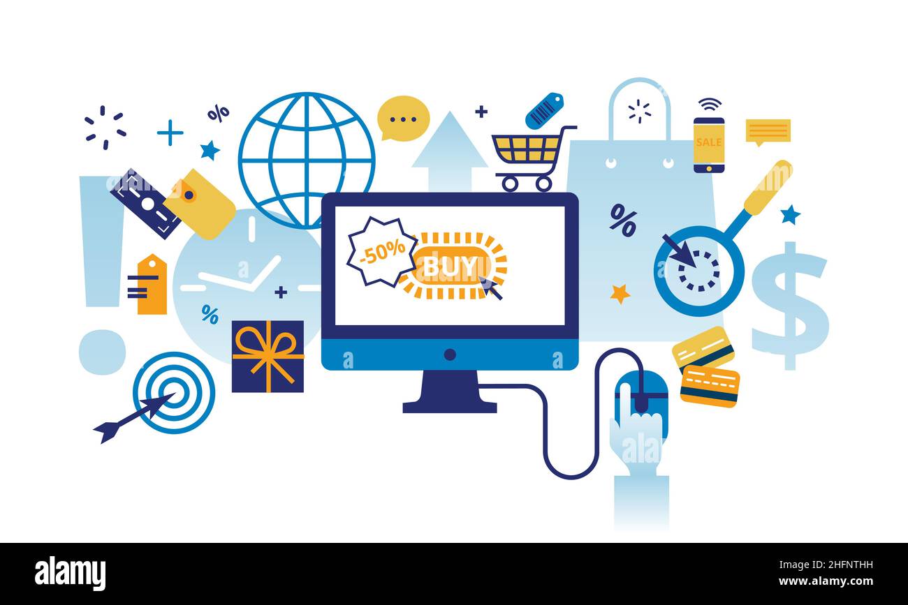 Moderno disegno sottile della linea piatta illustrazione vettoriale, concetto infografico del commercio in linea, idea di vendita del Internet, oggetti di ufficio e di finanza su MODER Illustrazione Vettoriale