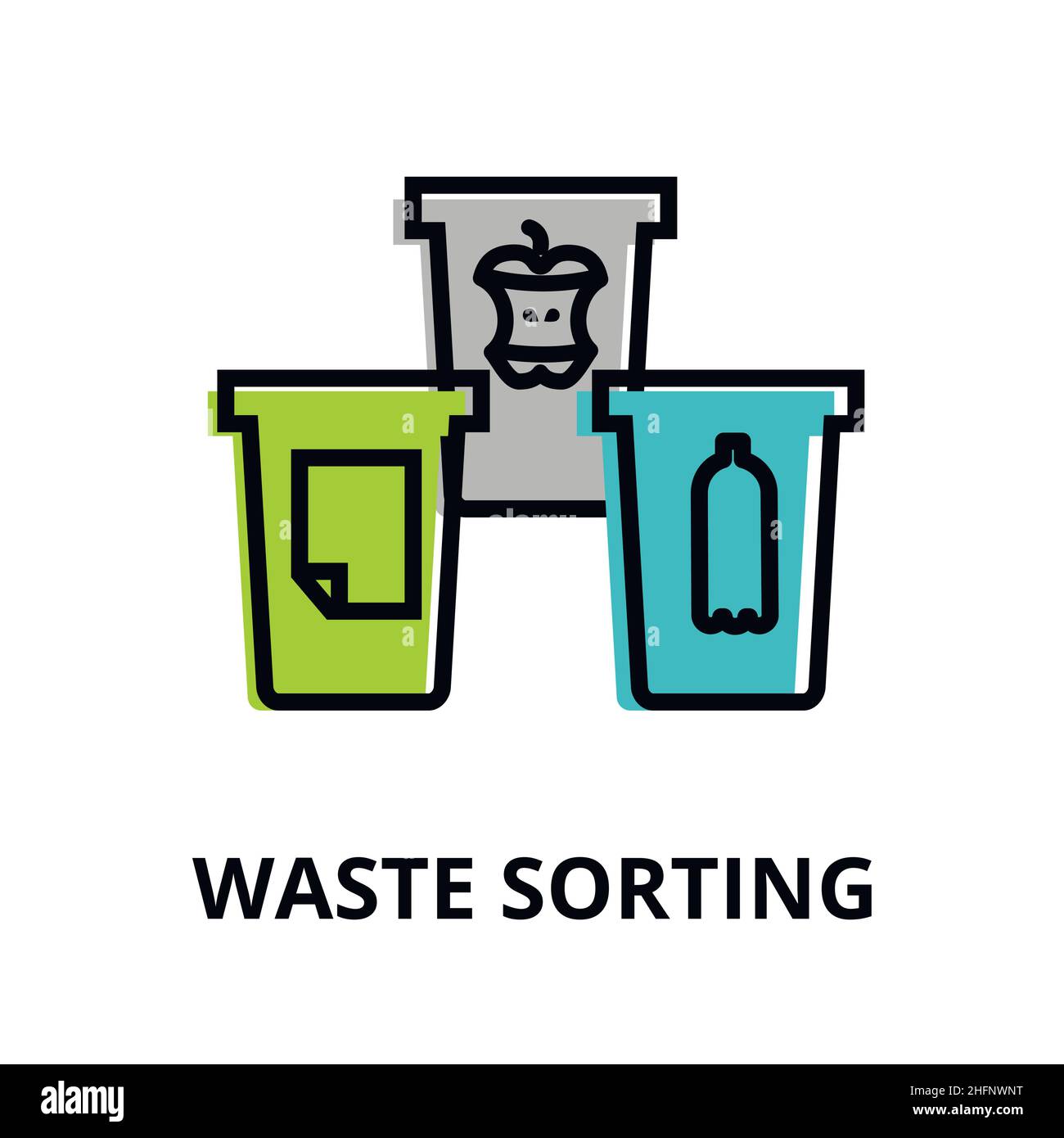 Icona design a linea sottile e piatta moderna, illustrazione vettoriale, concetto infografico di smistamento rifiuti e pensiero verde per grafica e web design Illustrazione Vettoriale