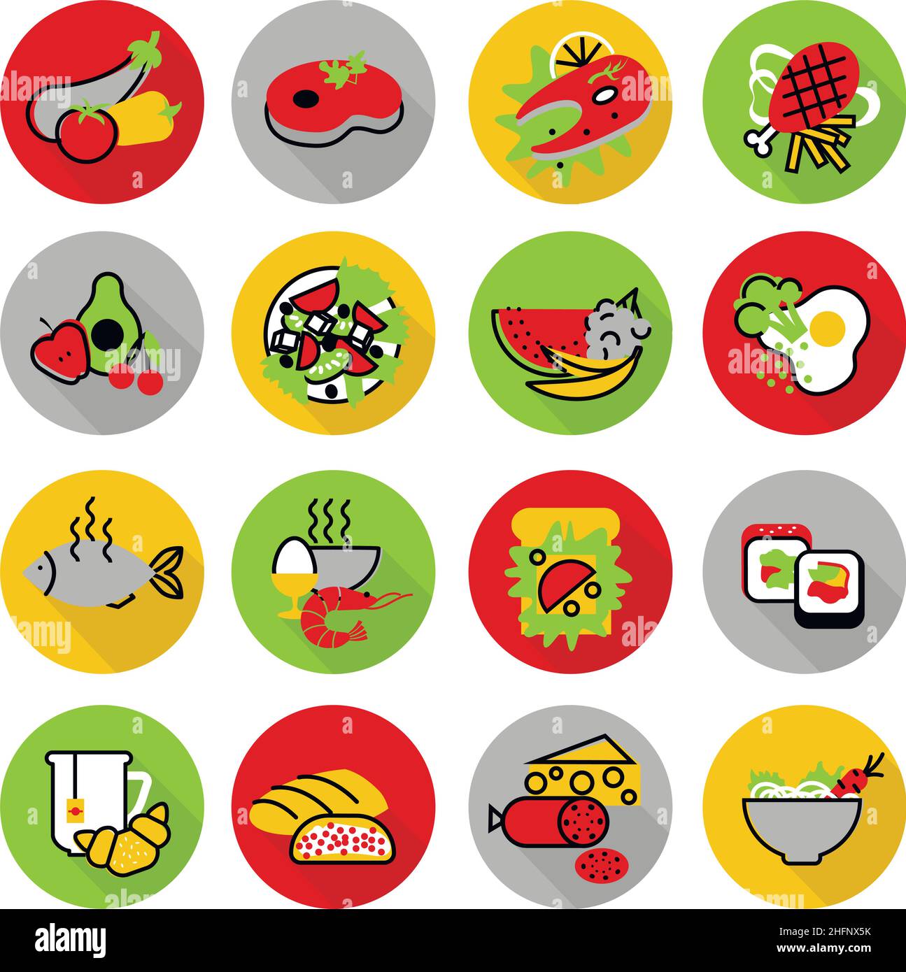 Design moderno piatto sottile disegno vettoriale, icone set di cibo fatto in casa e pasti ristorante, per grafica e web design Illustrazione Vettoriale