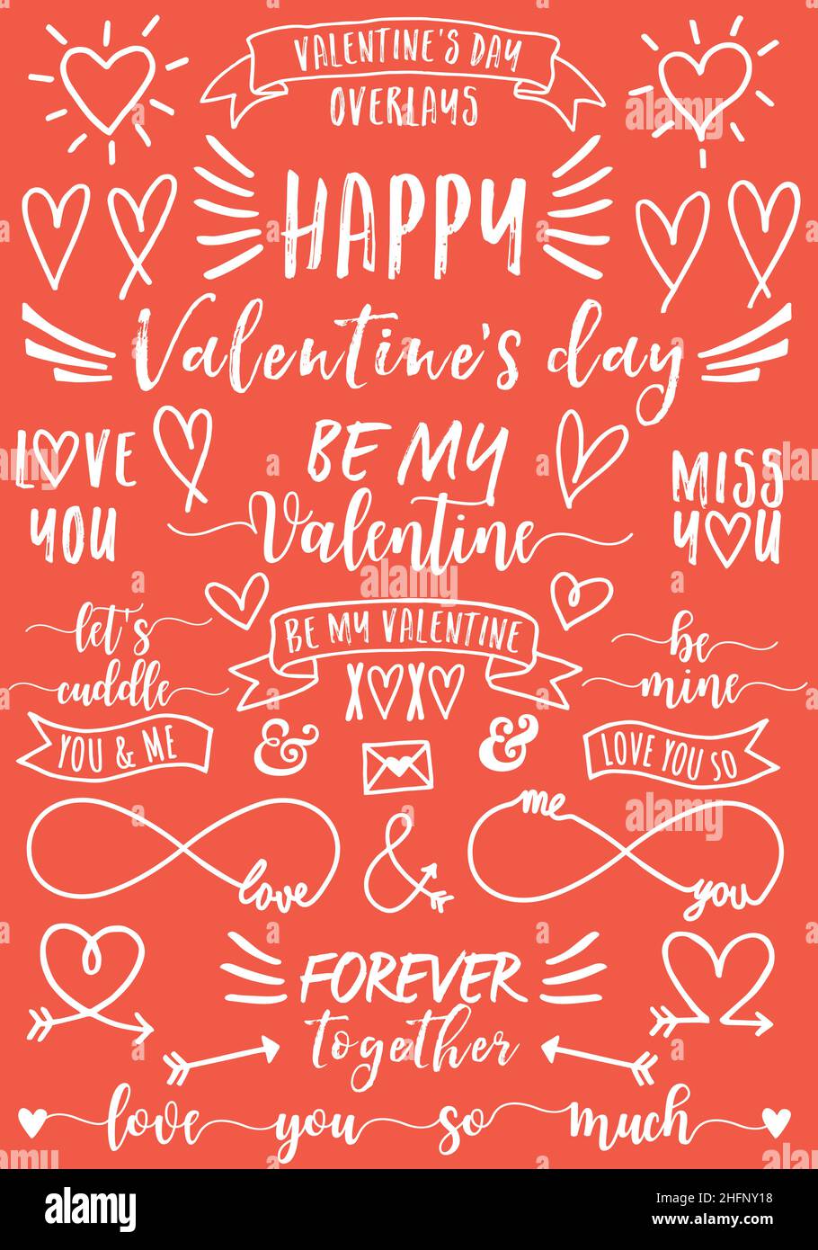 Carte da giorno di San Valentino, elementi di design bianchi, cuori disegnati a mano, vettoriale su sfondo rosso Illustrazione Vettoriale