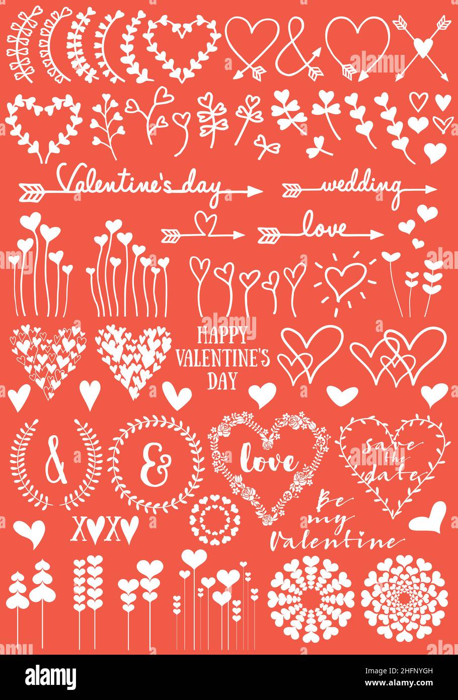 Bianco floreale cuore disegni per San Valentino scheda giorno, matrimonio, compleanno, Mothers giorno, set di disegno a mano vettore elementi di disegno Illustrazione Vettoriale