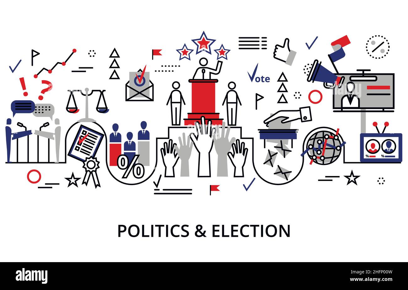 Concetto di politica ed elezione, illustrazione vettoriale a linea piatta moderna Illustrazione Vettoriale