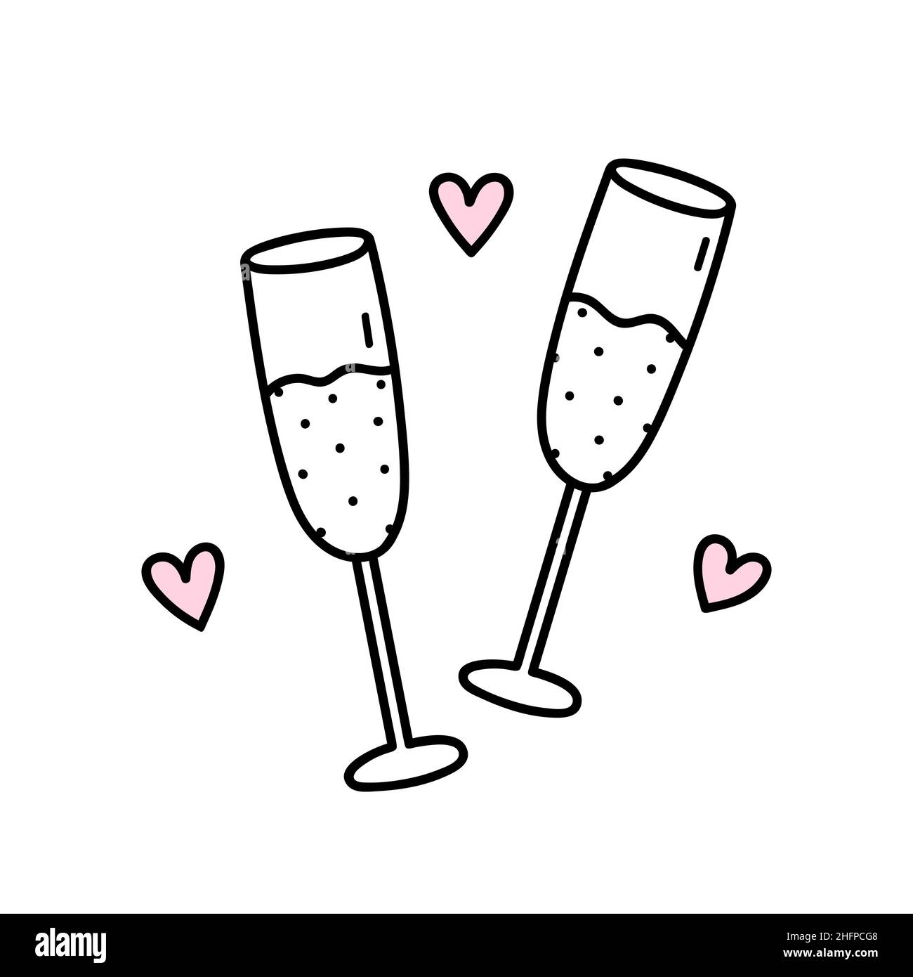 Due bicchieri con champagne isolato su sfondo bianco. Brindisi di festa. Illustrazione vettoriale disegnata a mano in stile doodle. Perfetto per San Valentino disegni, carte, inviti, decorazioni Immagine e Vettoriale - Alamy