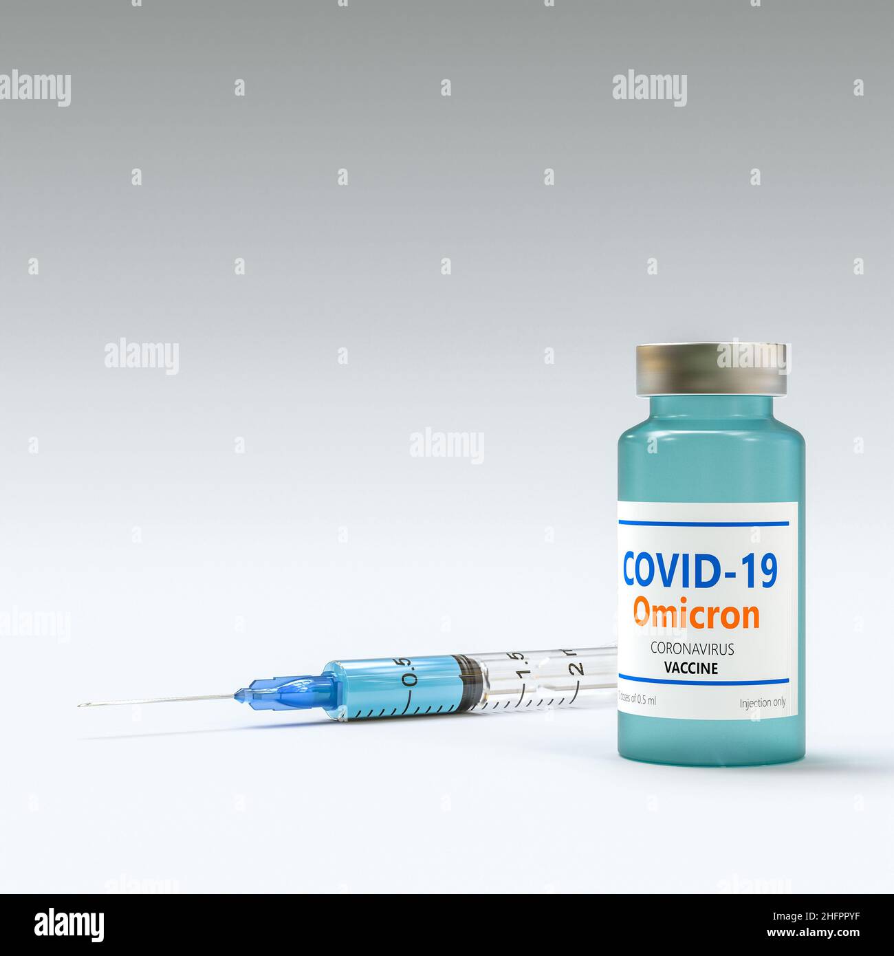siringa e flaconcino di vaccino per omicron variante di covid-19. 3d rendering Foto Stock