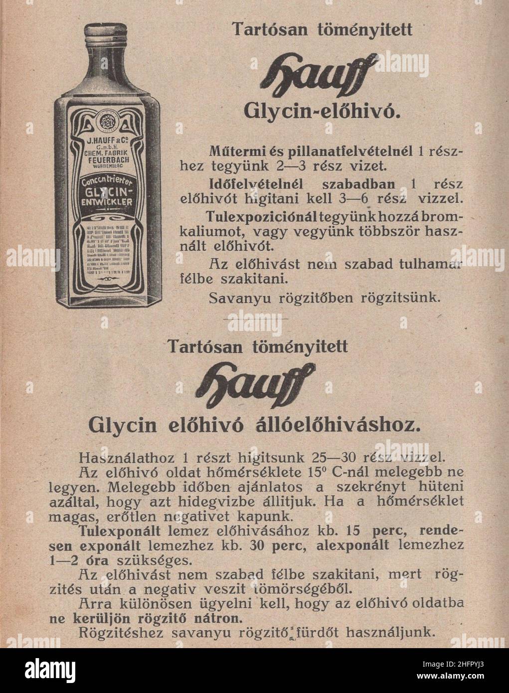Libro di fotografia antica e rara in lingua ungherese ' Kézikönyv J. Hauff & Co, GmbH Felierbach Württemberg. Fotócikkeinek használatához. Második kiadás.' Questo marchio e catalogo è dal 1910s come Austro-Ungarico korona la valuta. Tutti i prodotti sono realizzati dalla Hauff e che è promosso qui in questo libro con descrizione e ricetta!. Alcuni di loro riccamente illustrati. Tartósan töményített glycin előhívó és állóelőhíváshoz / sviluppo in piedi dello sviluppatore di glicina concentrato in modo permanente. Autorizzazioni-diritti-aggiuntivi-non disponibili Foto Stock