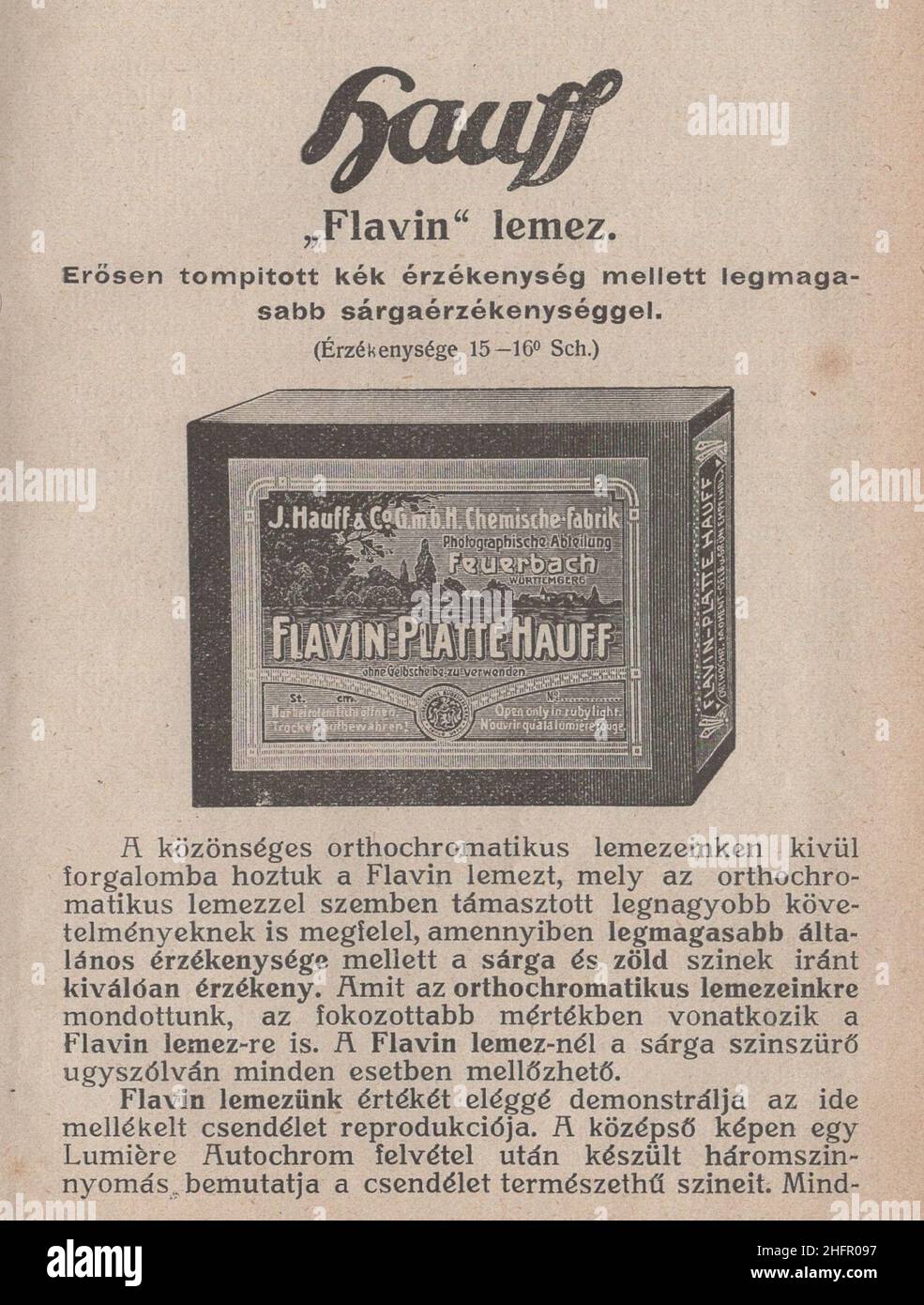Libro di fotografia antica e rara in lingua ungherese ' Kézikönyv J. Hauff & Co, GmbH Felierbach Württemberg. Fotócikkeinek használatához. Második kiadás.' Questo marchio e catalogo è dal 1910s come Austro-Ungarico korona la valuta. Tutti i prodotti sono realizzati dalla Hauff e che è promosso qui in questo libro con descrizione e ricetta!. Alcuni di loro riccamente illustrati. Flavin lemez / piastra Flavin. Autorizzazioni-diritti-aggiuntivi-non disponibili Foto Stock