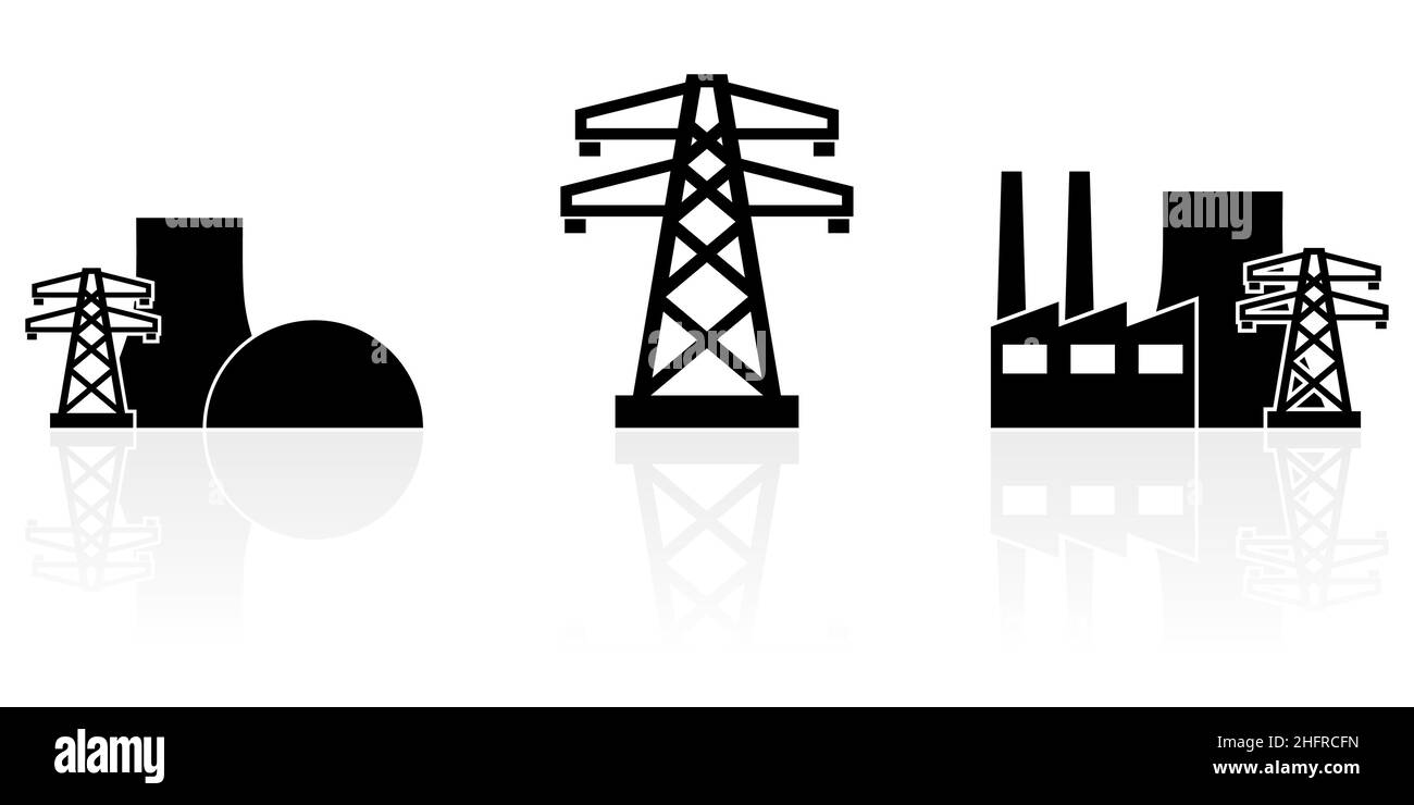 Web e internet concetto di elettricità vettore icone set, centrale elettrica e simboli polo elettrico isolato su sfondo bianco con riflessione Illustrazione Vettoriale