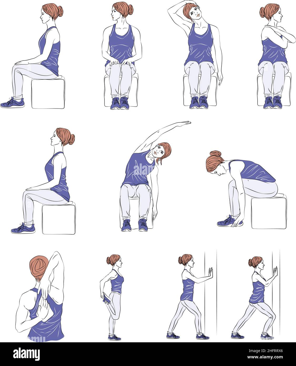 set di illustrazioni con la giovane donna che fa esercizi di stretching mentre si siede sul posto di lavoro, stile di vita sano. allenamento equilibrio. Progettare per applicazioni, Web Illustrazione Vettoriale