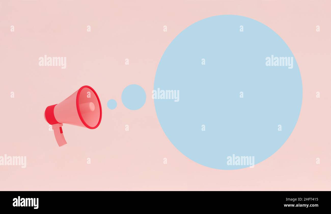 Megafono con fumetto blu su sfondo rosa con spazio di copia. 3d illustrazione. Foto Stock