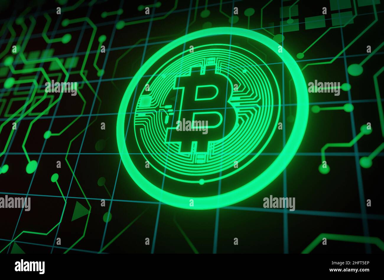 Bitcoin con luci scintillanti..Green futuristico simbolo bitcoin. Monete su sfondo di tecnologia digitale scuro. Foto Stock