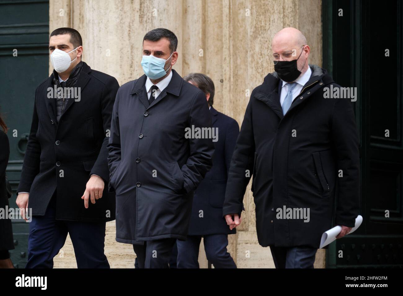 Mauro Scrobogna /LaPresse 10 febbraio 2021&#xa0; Roma, Italia Camera politica dei deputati consultazioni nella foto: Michele De Pascale, Presidente UPI, Antonio Decaro, Presidente ANCI, Stefano Bonaccini, Presidente della Conferenza delle regioni Foto Stock