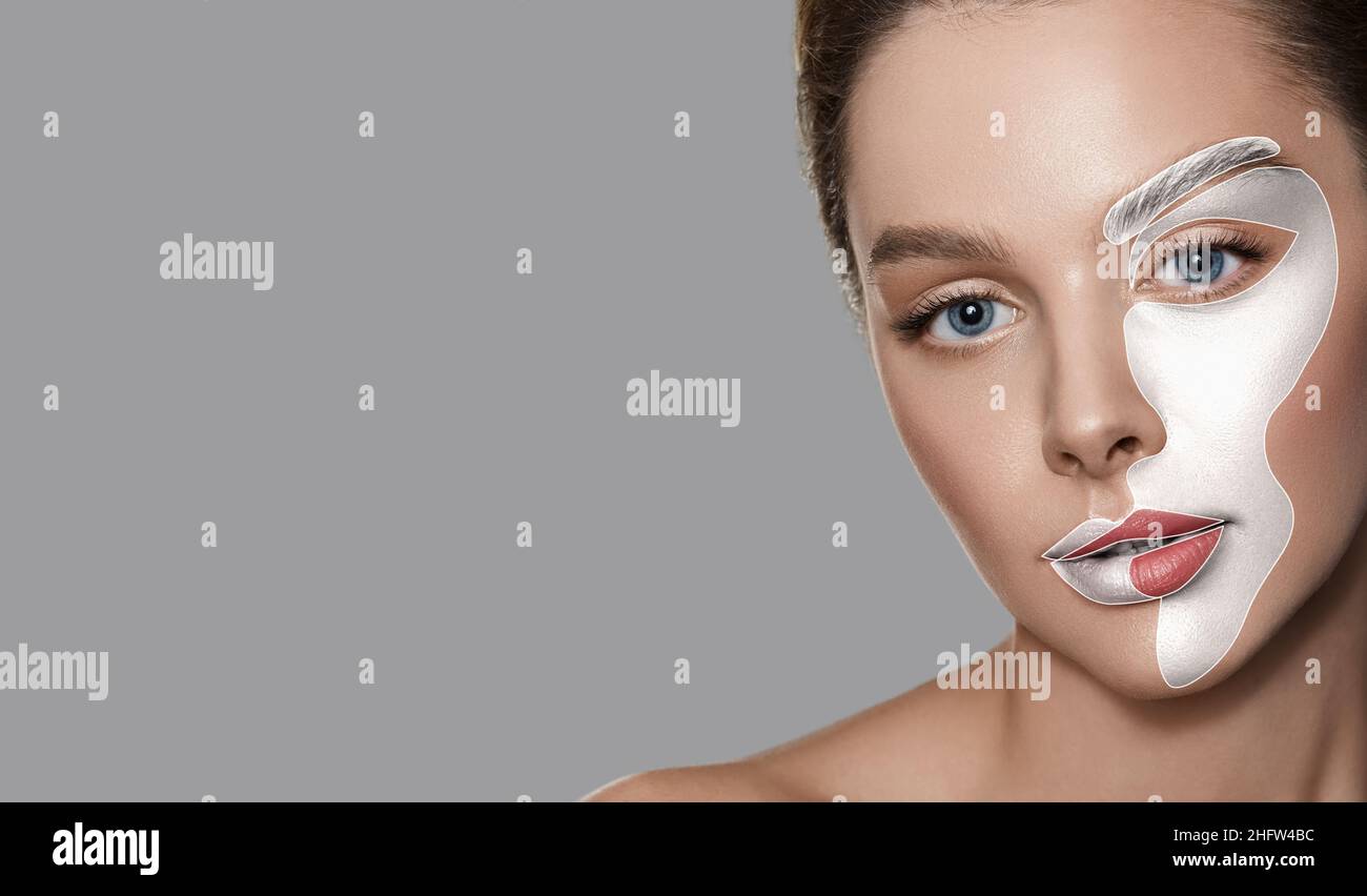 Cosmetologia estetica come arte della bellezza. Concetto di cura della pelle femminile utilizzando moderni metodi di ringiovanimento e contorno del viso Foto Stock