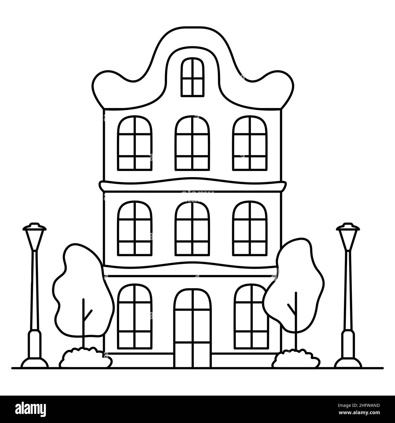Edificio di linea in stile artistico. Casa di Amsterdam. Isolato su sfondo bianco. Illustrazione Vettoriale