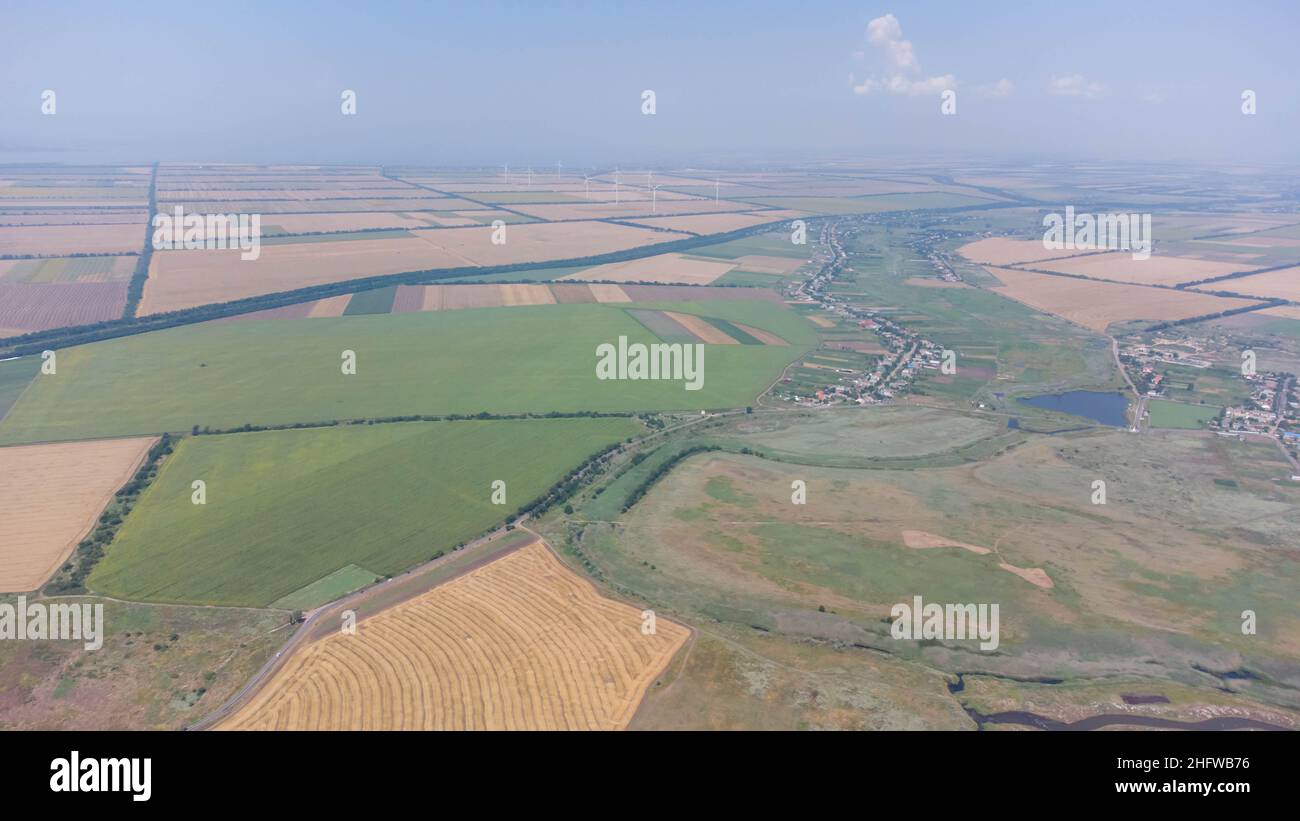 Campo di grano in estate sul mare dopo la raccolta. Vista aerea. Foto Stock