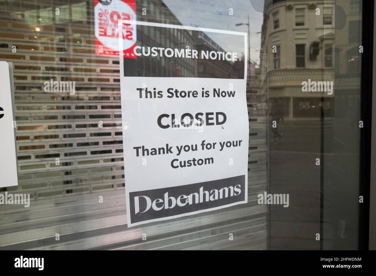 debenhams negozio chiuso avviso nella finestra Liverpool Inghilterra UK Foto Stock