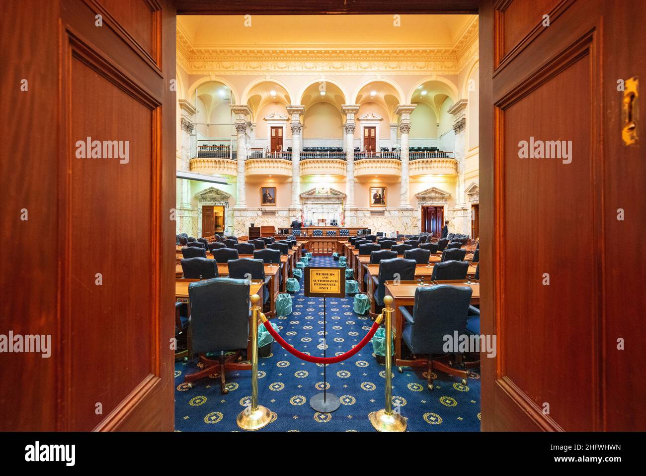 ANNAPOLIS, MARYLAND - 2 APRILE 2015: Interno della Camera di Stato del Maryland nella Camera del Senato di Stato del Maryland. Foto Stock