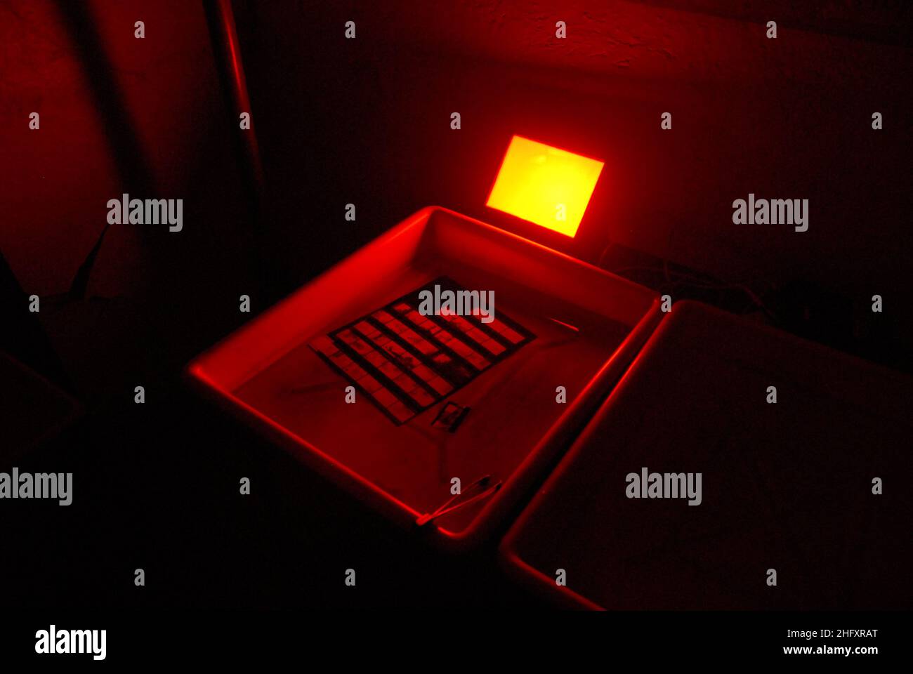 Le foto vengono elaborate in una soluzione di sviluppo in una stanza buia con luce infrarossa Foto Stock