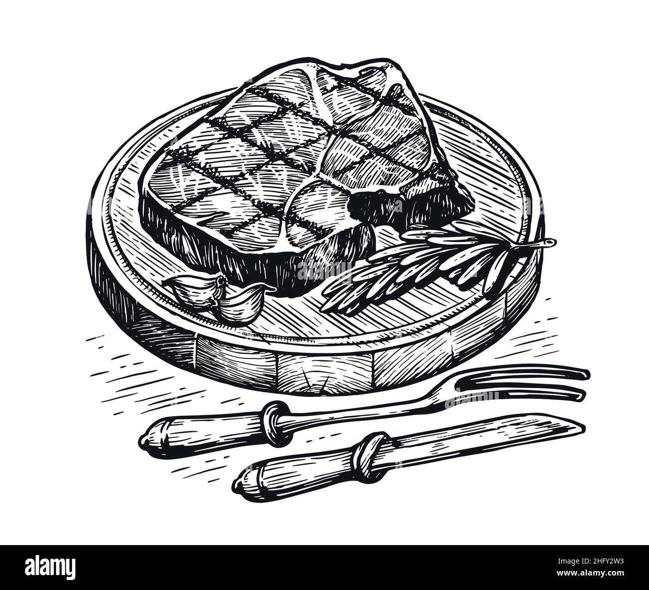 Illustrazione della bistecca di ribeye alla griglia. Prodotto per barbecue. Cucina stilizzata e ristorante oggetto menu Immagine e Vettoriale