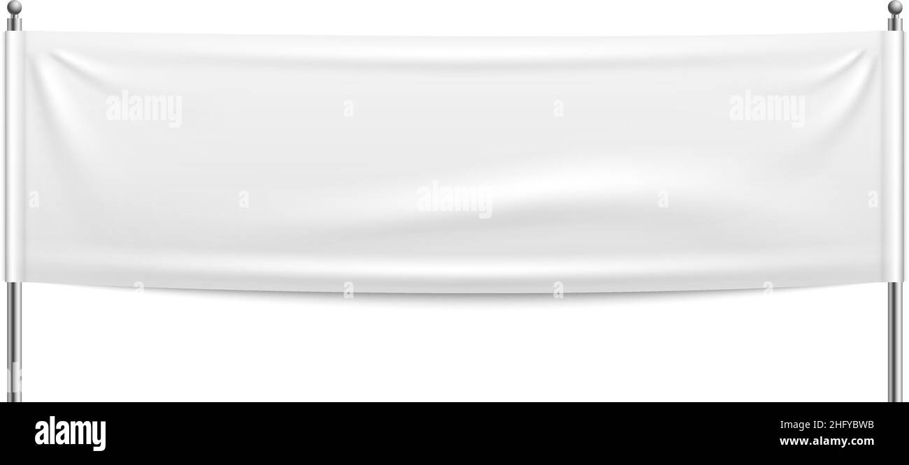 Striscione in tessuto bianco tra due poli. Mockup realistico Illustrazione Vettoriale