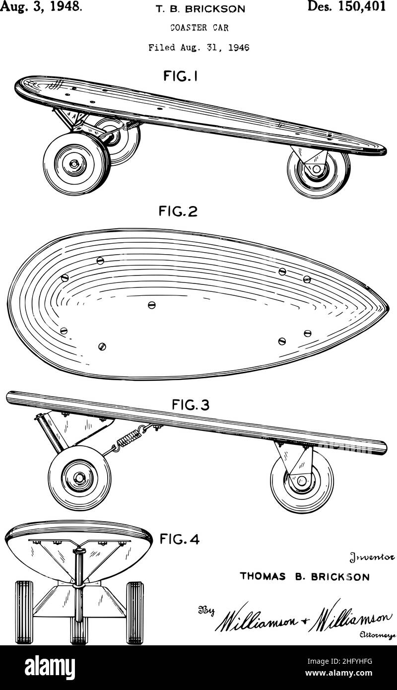 1948 brevetto per skateboard per auto di coaster car. Foto Stock