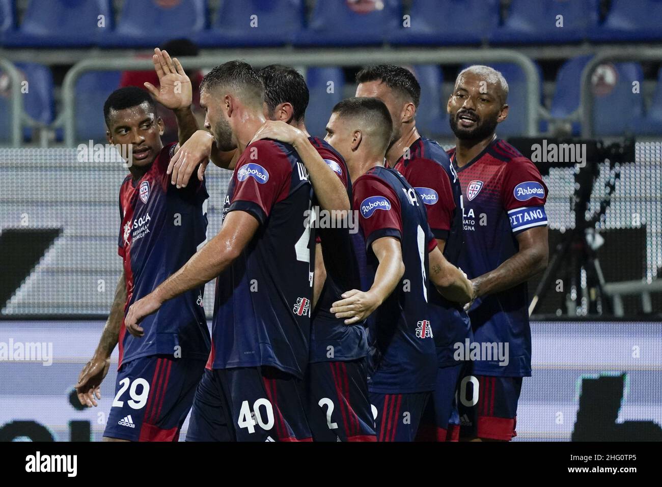 LaPresse/Alessandro Tocco 14 agosto 2021 Cagliari (Italia) Sport Soccer Cagliari Calcio vs A.C.Pisa1909 Italia Cup 2021/22 'Unipol domus' Stadio nella foto:festeggia (Cagliari Calcio) Foto Stock