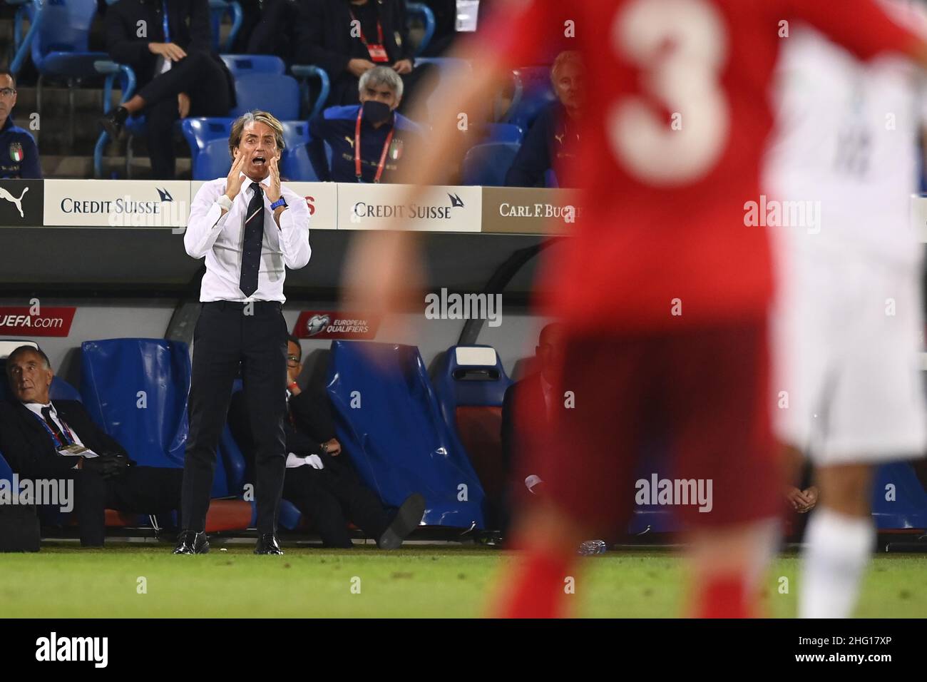 LaPresse - Fabio Ferrari Settembre 05 2021 Basel, Svizzera sport soccer Italia vs Svizzera - Qatar World Cup Qualifiers - Stadio St. Jakob-Park di Basilea nella foto:Roberto Mancini (Italia) Foto Stock