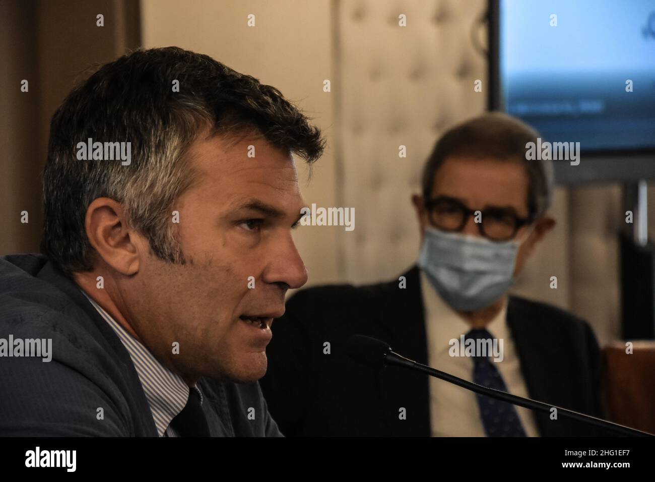 Foto Francesco Militello Mirto/LaPresse 16 settembre 2021 Palermo, ItaliaSport Ciclismo verso Palazzo d&#x2019;Orleans, sede della Presidenza della Regione Siciliana, &#xe8; stato presentato il giro di Sicilia 2021.nella foto: l&#x2019;Amministratore Delegato di RCS Sport, Paolo BellinoPhoto Francesco Militello Mirto/LaPresse 16 settembre 2021 Palermo, Italia Sport Cycling Press conferenza di presentazione per 'il giro di Sicilia 2021' a Palazzo d'Orleans. Nella foto: RCS Sport, Paolo Bellino Foto Stock