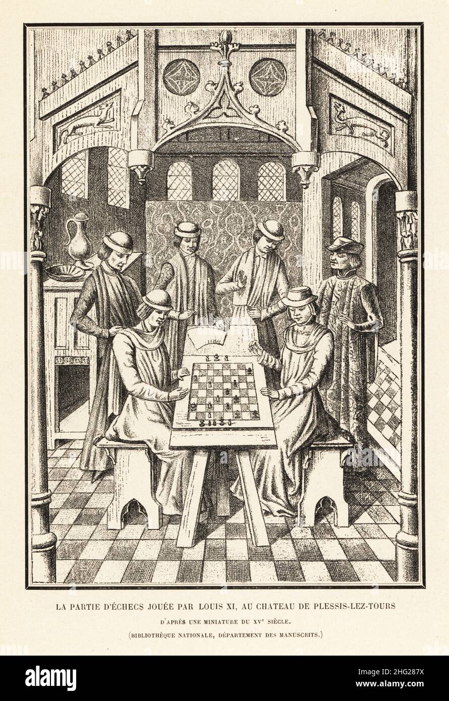 Cortigiani reali che giocano a scacchi al Chateau de Plessis-lez-Tours, 1483. Re Luigi XI di Francia, 1423-83, si dice sia seduto a destra. Dopo un 15th secolo in miniatura le Livre des Trois Ages di Pierre Choisnet aka Estienne Porchier nella Bibliotheque Nationale. Partie d'echecs jouee par Louis XI Litografia di Henry Rene d’Allemagne, ricreazioni e passe-Temps, Giochi e passatempi, Hachette, Parigi, 1906. Foto Stock