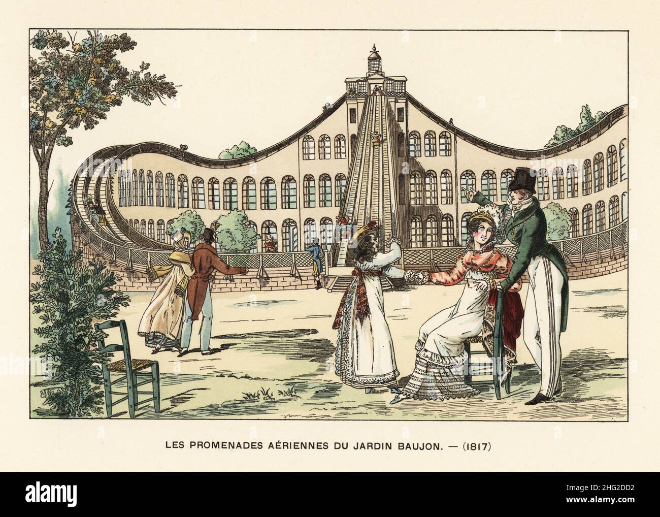 Le passerelle aeree o montagne russe nei Giardini di Beaujon, vicino al Barriere de Neuilly, 1817. L'enorme struttura fu costruita su archi come un acquedotto. Les Promenades eyriennes du Jardin Baujon, 1817. Folie du jour. Dopo una stampa in le Bon Genre di Pierre de la Mesangere, 1814. Litografia a mano di Henry Rene d’Allemagne, ricreazioni e passe-Temps, Giochi e passatempi, Hachette, Parigi, 1906. Foto Stock