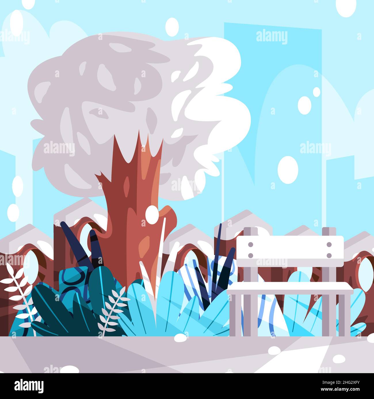 Neve stagione gelido inverno scena vista di parco vuoto tempo all'aperto illustrazione con albero coperto Illustrazione Vettoriale