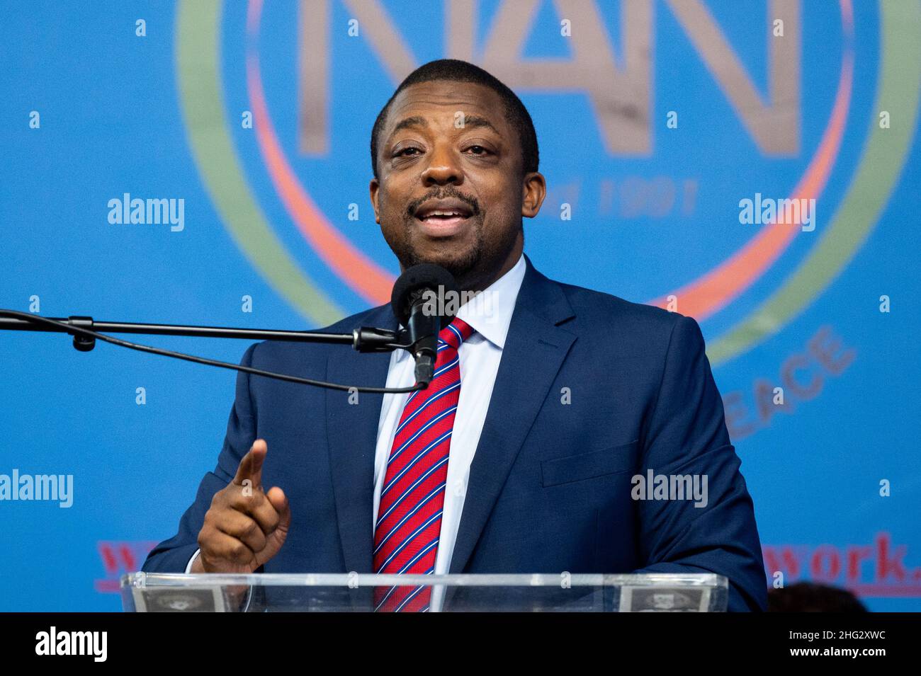 New York, Stati Uniti. 17th Jan 2022. Il governatore di New York Lt. Brian Benjamin (D) parla al forum annuale Martin Luther King Day Public Policy della National Action Network (NAN). Credit: SOPA Images Limited/Alamy Live News Foto Stock