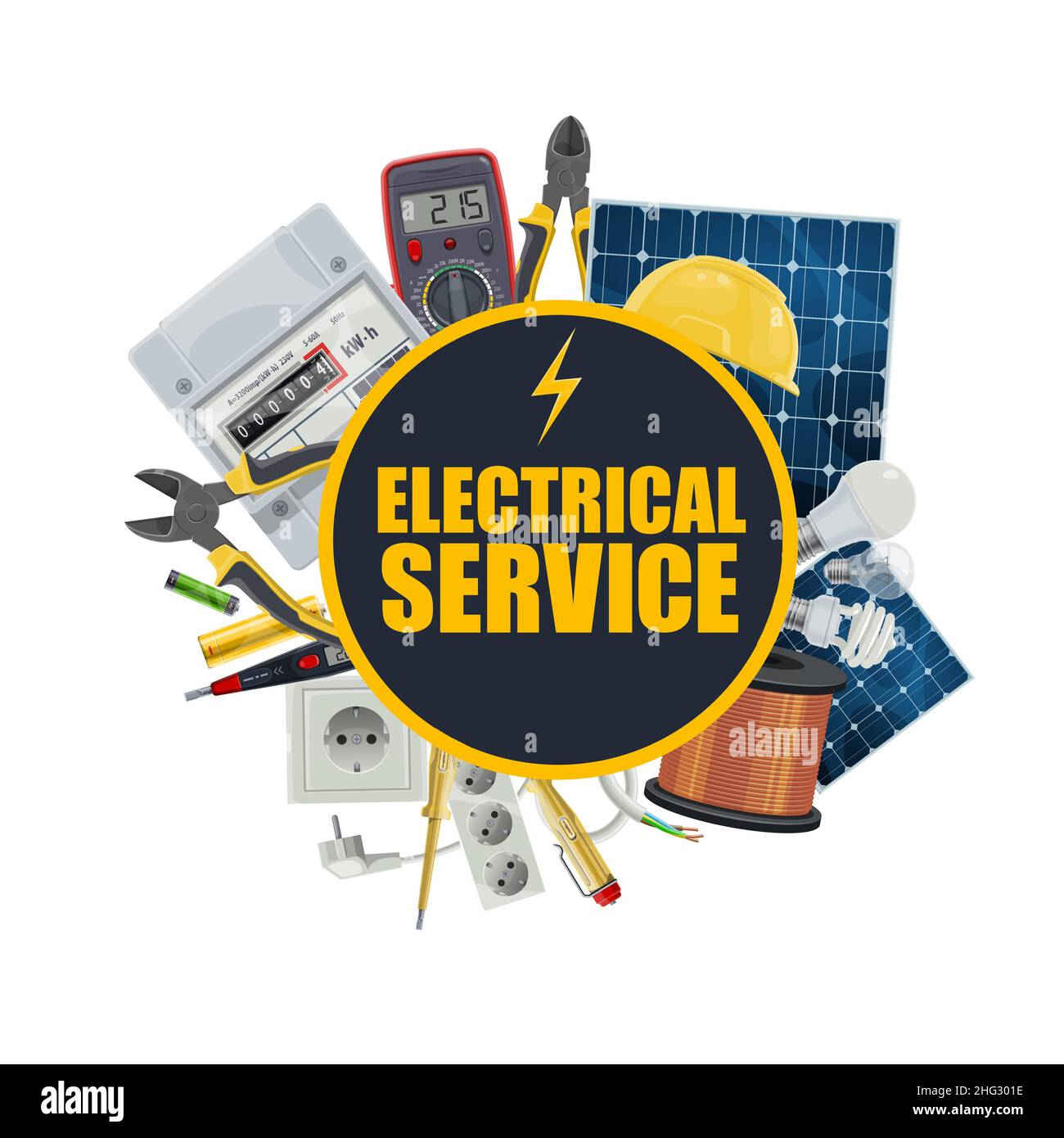 Apparecchiature vettoriali per la manutenzione elettrica e strumenti di progettazione elettricista. Misuratore di potenza energetica, lampadine, interruttore e multimetro, voltmetro, cavo, così Illustrazione Vettoriale