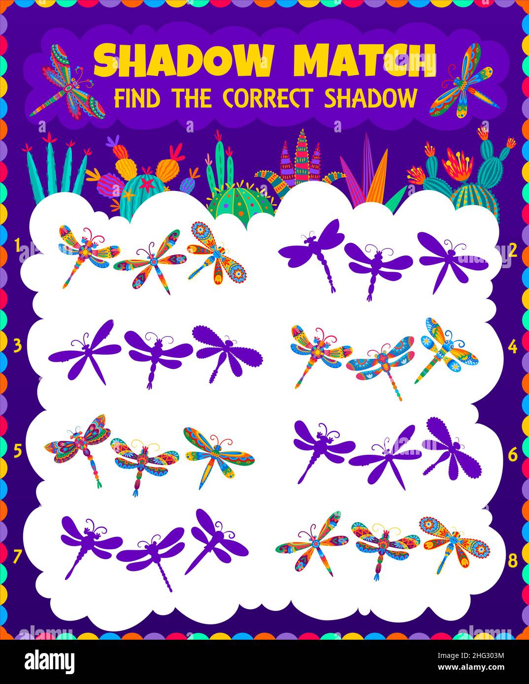 Dragonfly gioco d'indovinello per bambini. Foglio di lavoro vettoriale per attività di logica dei bambini, attività di formazione prescolare o asilo con cartoon colorato Illustrazione Vettoriale