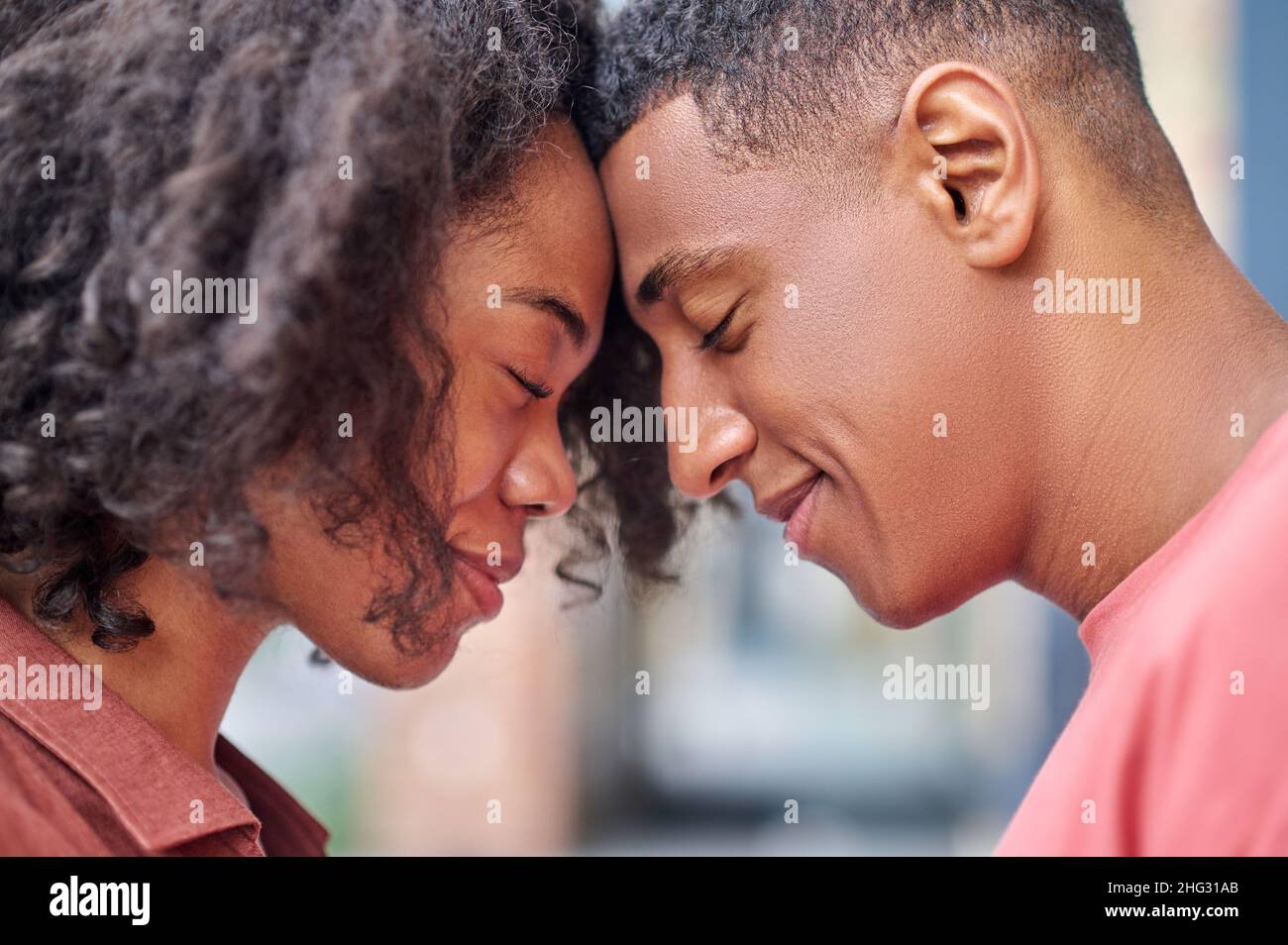 Primo piano del profilo di uomo e donna che toccano i volti Foto Stock