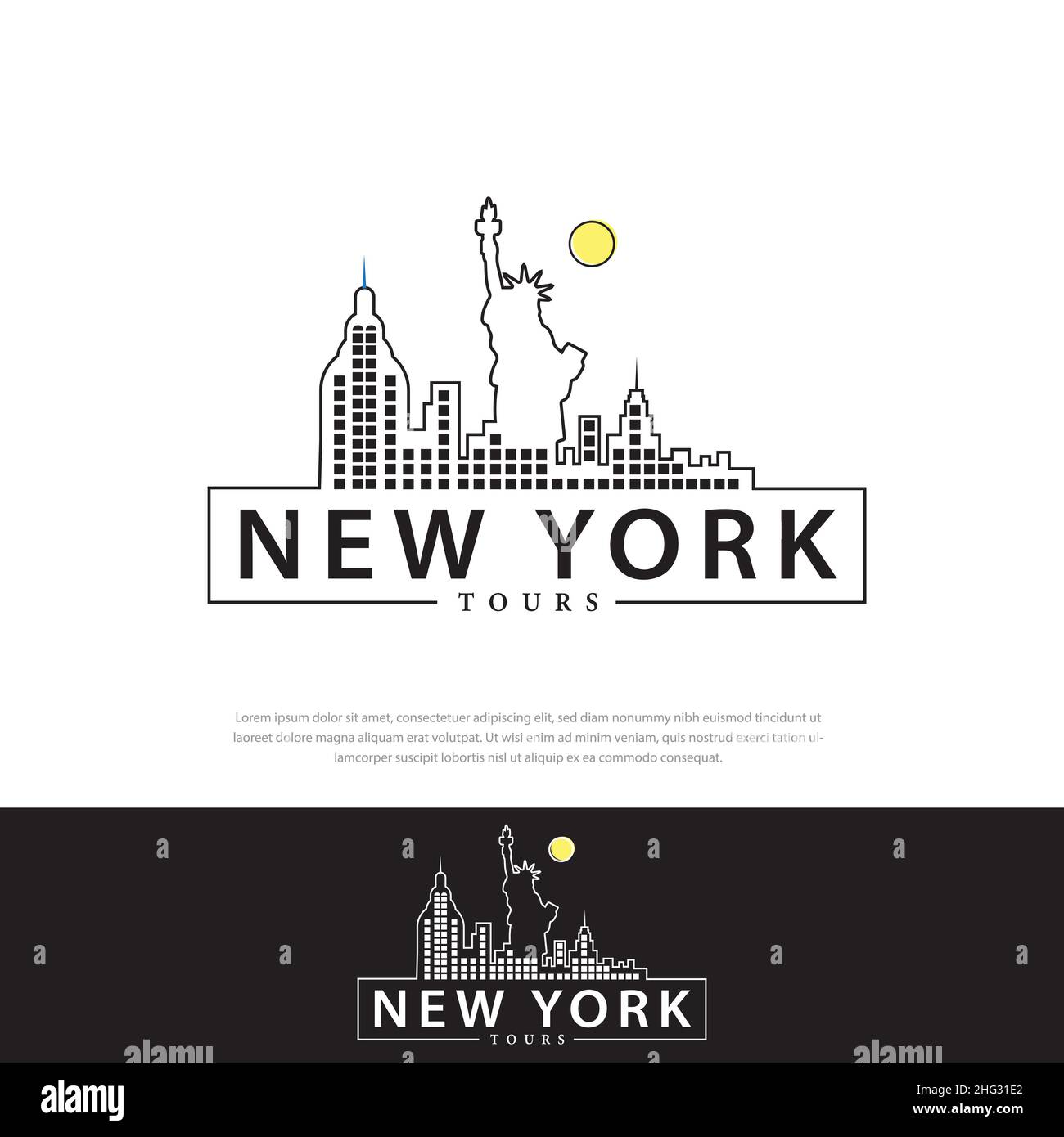 Logo design Illustrazione grafica di New York City con vari edifici famosi e punti di interesse. Design moderno vettoriale. Illustrazione Vettoriale