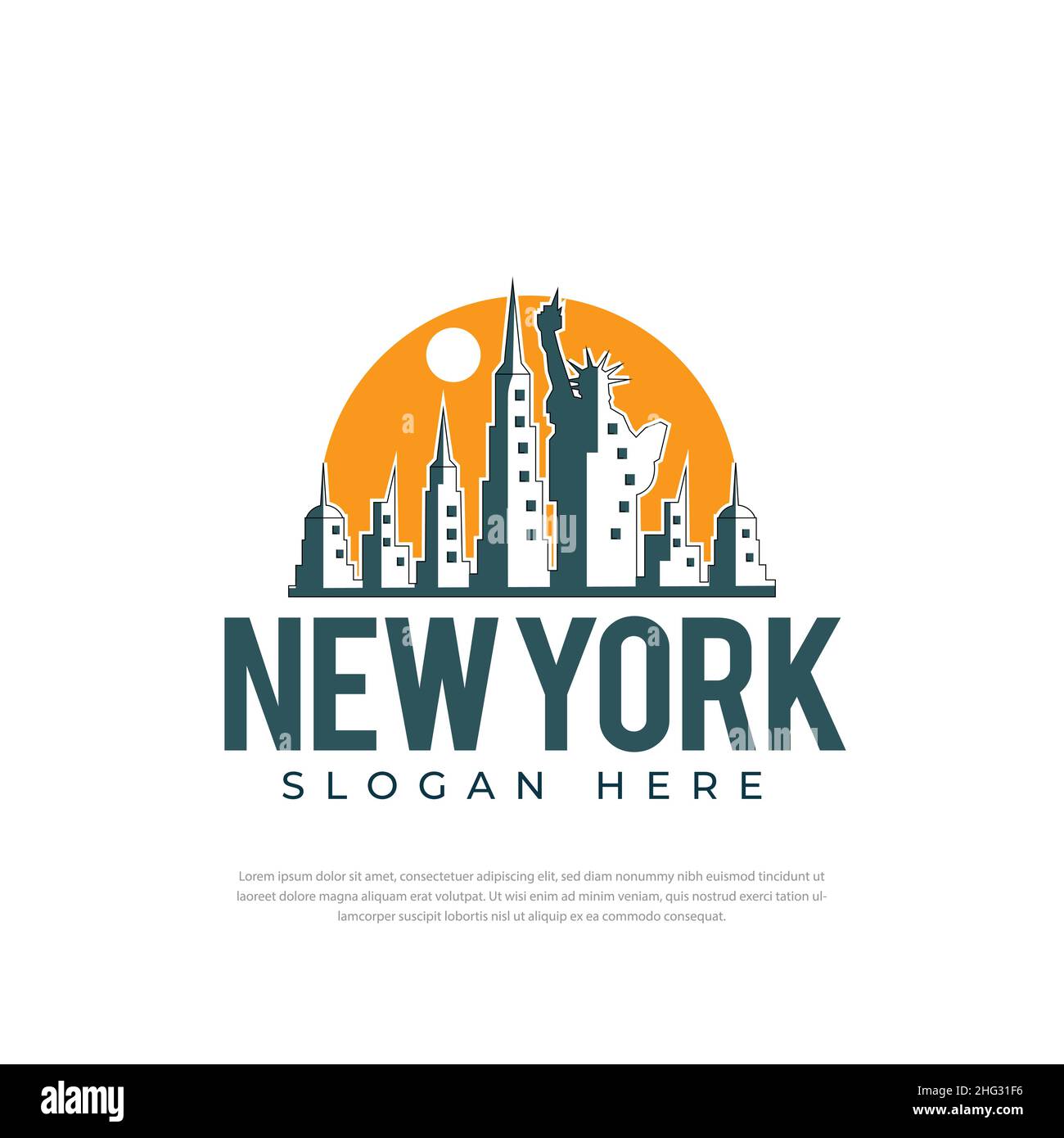 Logo design Illustrazione grafica della soleggiata New York City con edifici famosi e punti di interesse. Design moderno vettoriale. Illustrazione Vettoriale