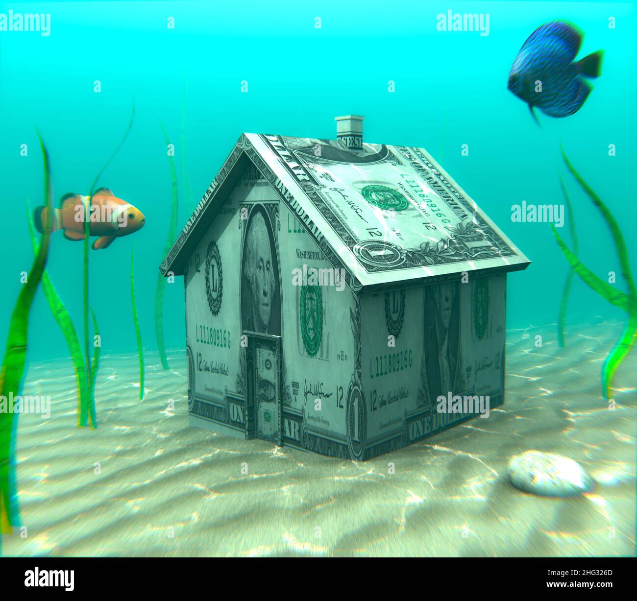Ipoteca subacquea un'illustrazione relativa al fenomeno dei mutui domestici che sono più alti del valore reale della casa. Foto Stock