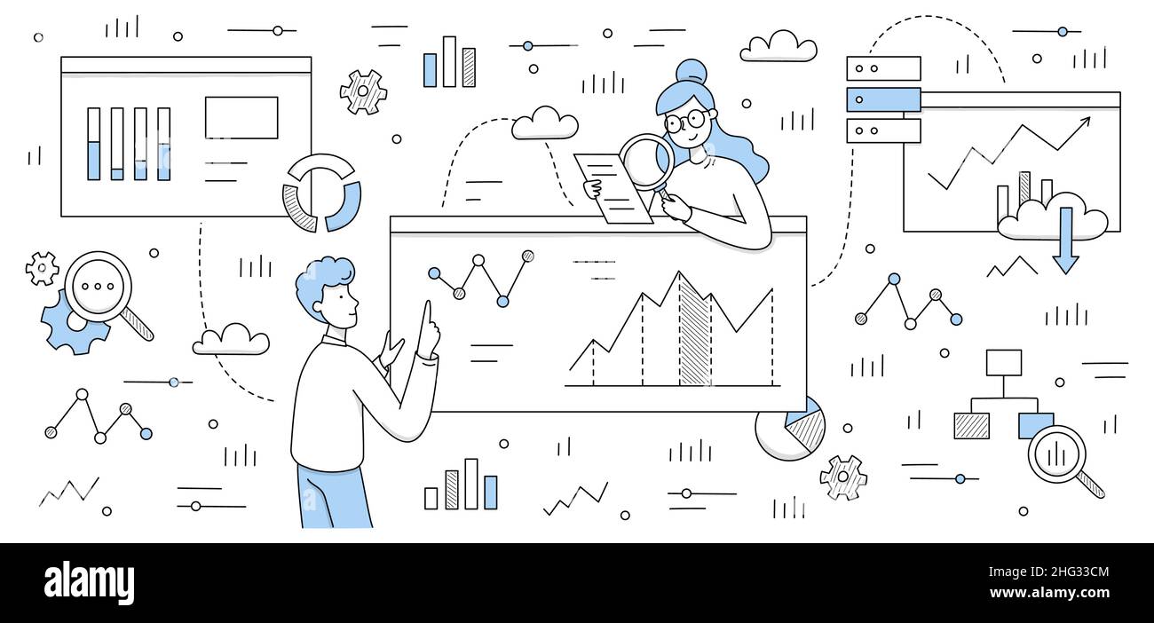 Concetto di analisi dei dati con analisti aziendali grafici di ricerca, grafici e diagrammi delle statistiche di gestione delle vendite, rapporti operativi e indicatori chiave di performance illustrazione vettoriale di Line art doodle Illustrazione Vettoriale