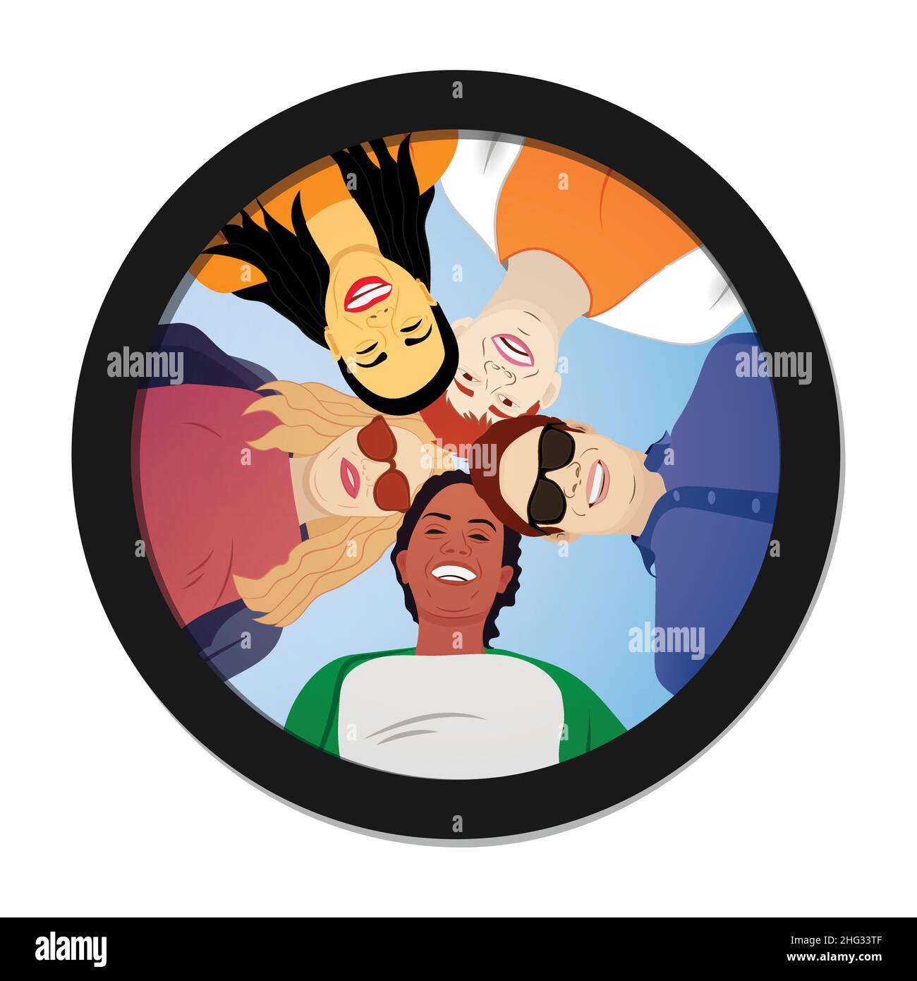 Accoccolarsi le teste a contatto in una riunione di lavoro il team di sogno diversi uniti come una famiglia. Ritratto di gruppo di felice positivo misto-razza persone, maschio e femmina Illustrazione Vettoriale