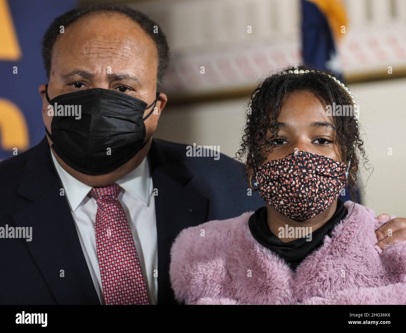 17 gennaio 2022, Washington, Distretto di Columbia, USA: Ad una conferenza stampa che chiede che il Congresso passi la libertà di voto: John R. Lewis Act, Martin Luther King III e la figlia Yolanda Renee King hanno ascoltato i sostenitori dei diritti di voto. (Credit Image: © sue Dorfman/ZUMA Press Wire) Foto Stock