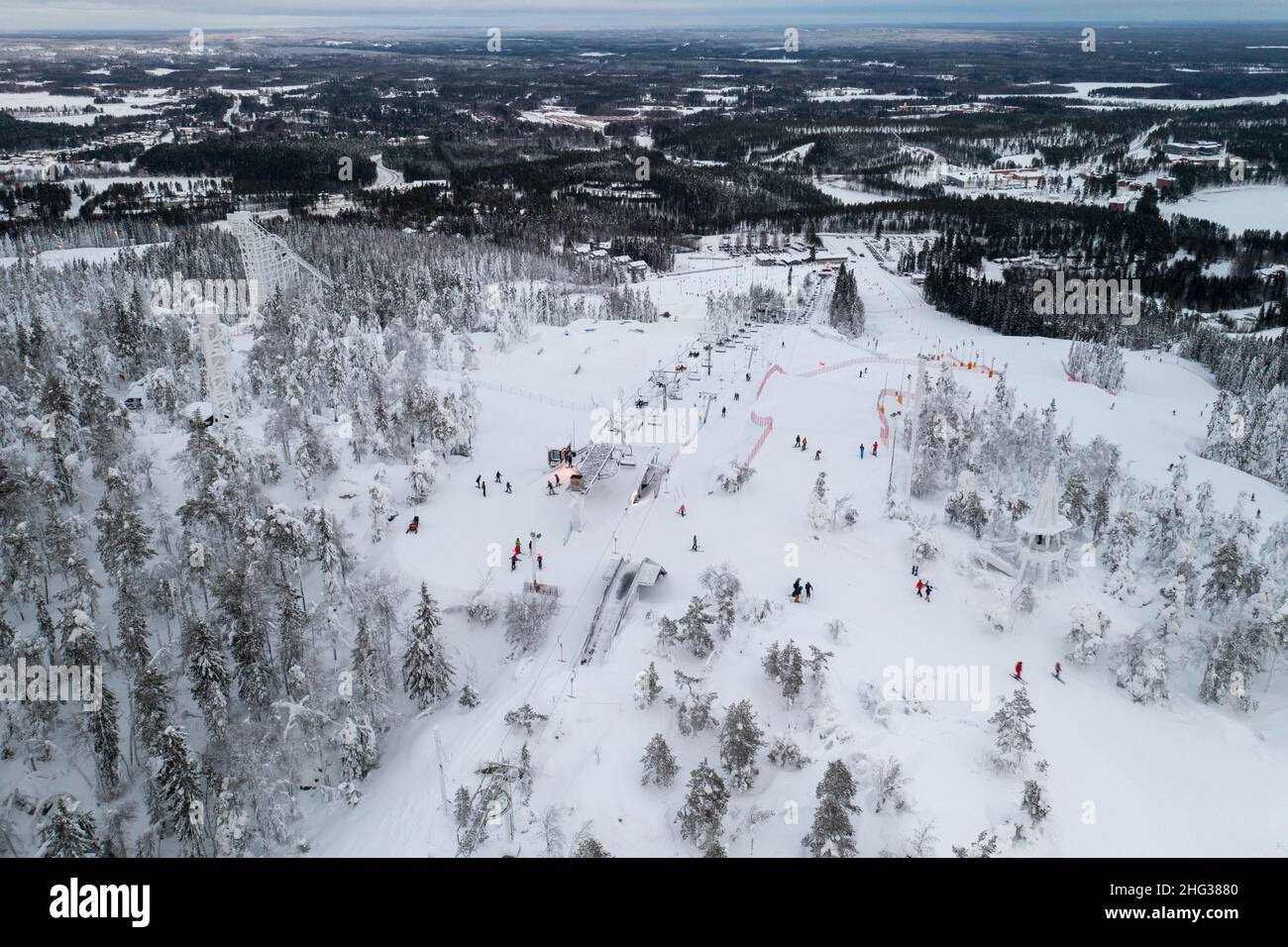 Vista aerea del comprensorio sciistico di Vuokatti, in Finlandia Foto Stock