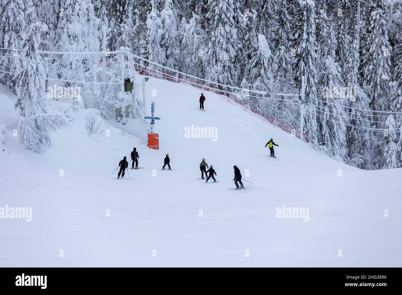 Sciatori che sciano su una pista innevata a Vuokatti, Finlandia Foto Stock