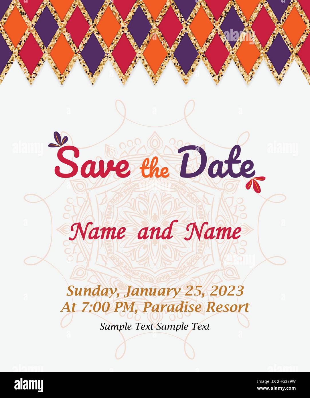 Salva il vettore di invito a nozze colorate di lusso della data. Carta matrimonio lucido con una texture glitterata. Salvare le schede delle date. Illustrazione vettoriale. Illustrazione Vettoriale