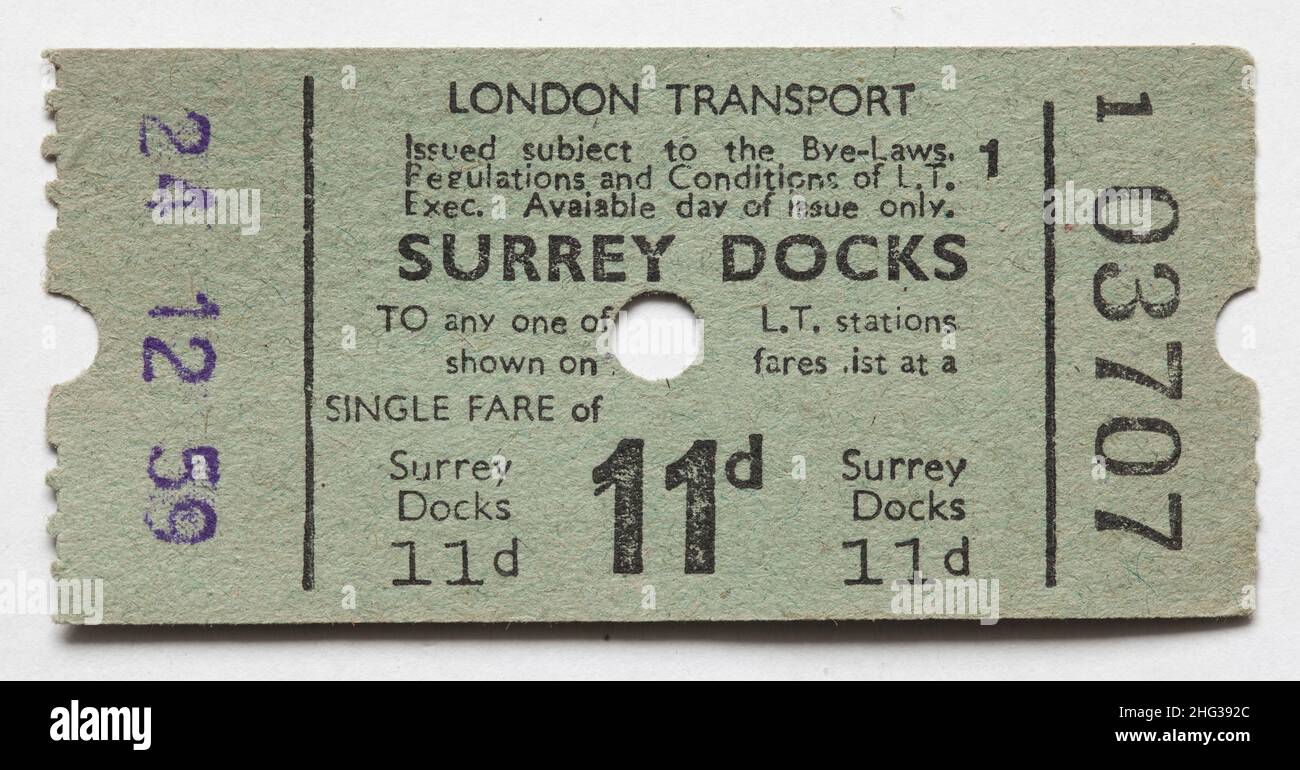 Vintage 1950s London Transport Railway Ticket Surrey Docks Foto Stock