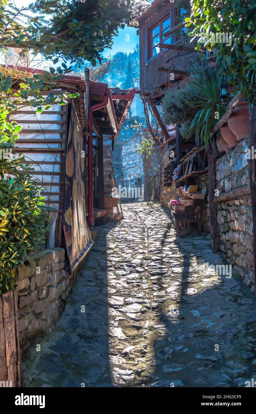 Il pittoresco villaggio greco al Monte Olimpo. Prende il nome dalla chiesa di San Panteleimon che si trova nella piazza centrale del mill Foto Stock