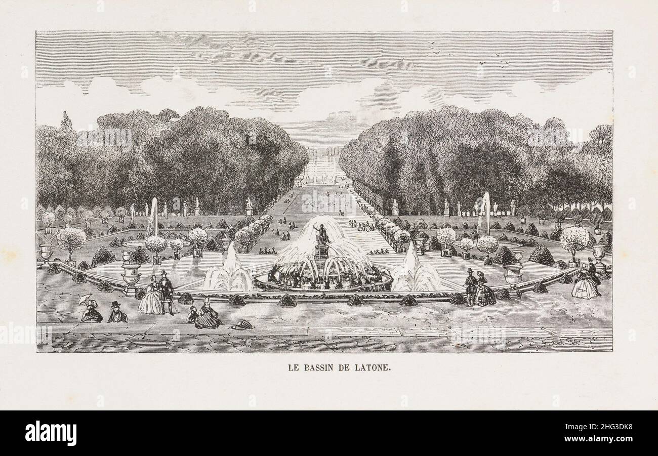 Incisione di Versailles. 1850-1865, di Jean Best (1808-1879) – la Fontana dell’artista grafico Latona, frammento del parco di Versailles. 19th secolo. Fra Foto Stock