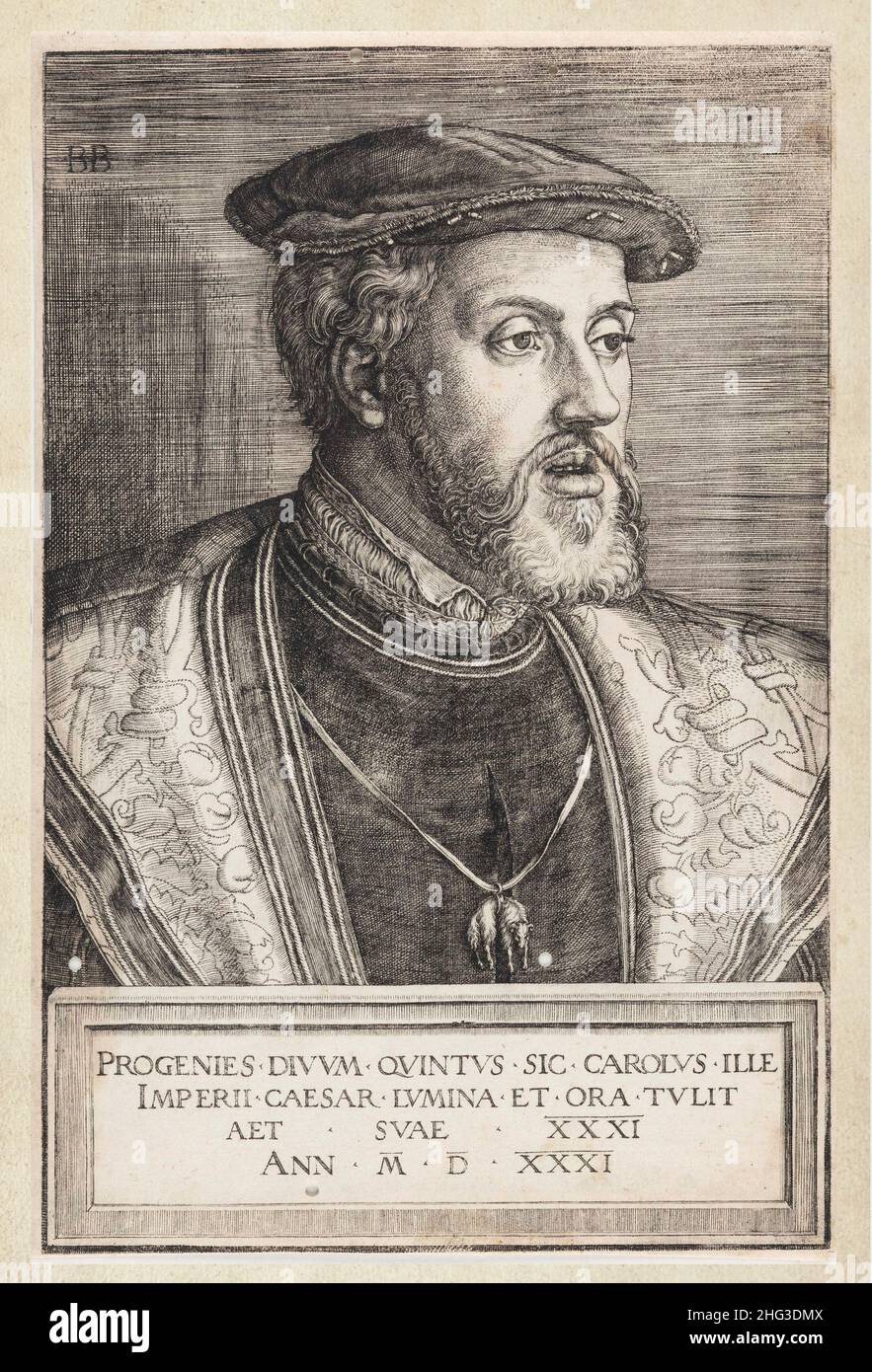 Ritratto di Carlo V, Imperatore Sacro Romano. 1531, di Barthel Beham (1502-1540) – artista grafico Charles V (1500 – 1558) è stato imperatore del Sacro Romano Impero Foto Stock