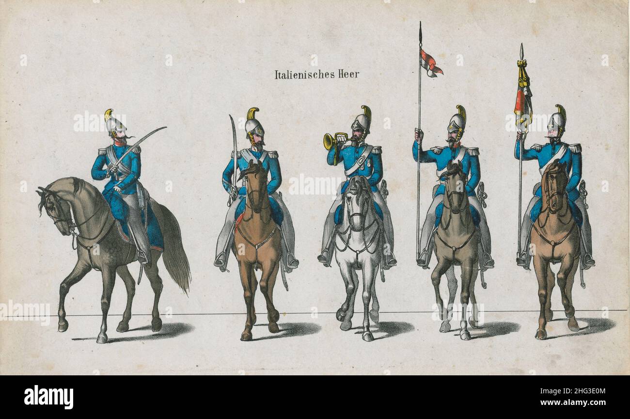 Litografia vintage: Esercito italiano. 1850 Guardie Cavalleria. Trombettatrice, portatore di bandiera di cavalleria Foto Stock
